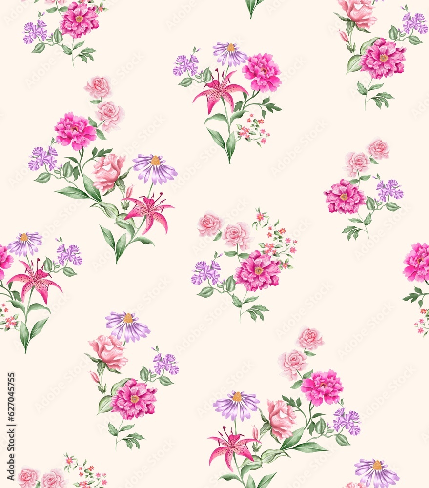 Watercolor flowers pattern, pink and purple tropical elements, green leaves, gold background, seamless