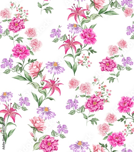 Watercolor flowers pattern, pink and purple tropical elements, green leaves, white background, seamless