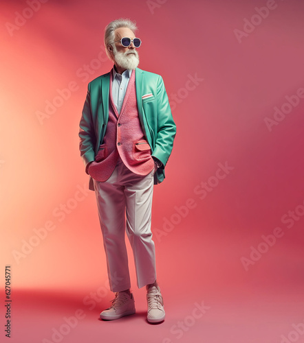 light bright futuristic background. an old super elegant man with a gray beard in a colored jacket