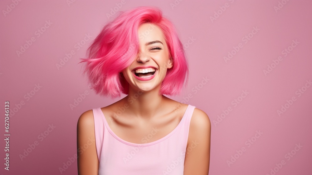 young laughing woman with pastel pink hair, tongue sticking out, blue eyes, peace gestures funny facial expressions young laughing woman with pastel pink hair, tongue sticking out, blue eyes, peace gestures funny facial expressions