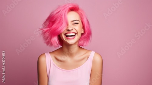 young laughing woman with pastel pink hair, tongue sticking out, blue eyes, peace gestures funny facial expressions