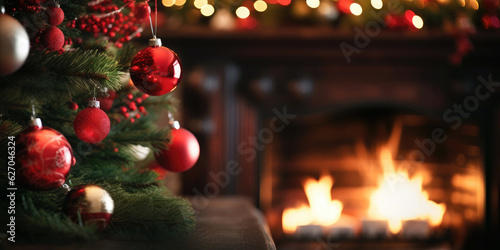 decorated christmas tree on burning fireplace background. banner with copy space. generative AI