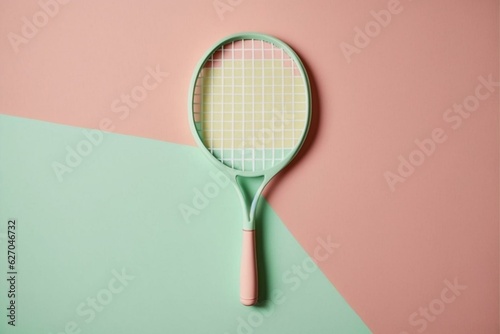 Minimalist tennis racket on a pastel green and pink background. Generative AI © Ava