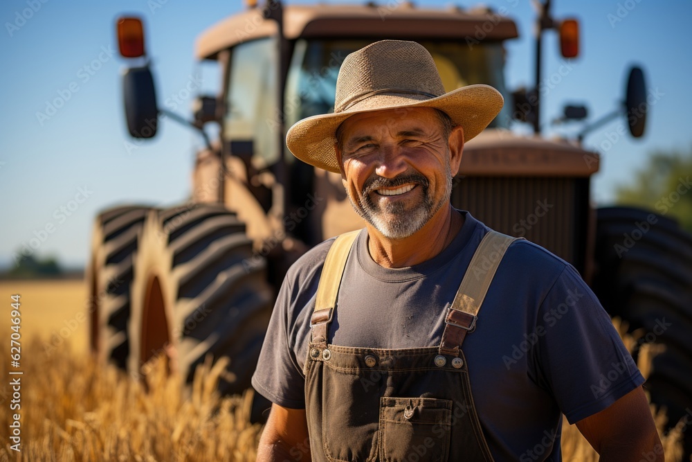 Fototapeta premium A man standing in front of a tractor in a field. Modern middle-aged European farmer.