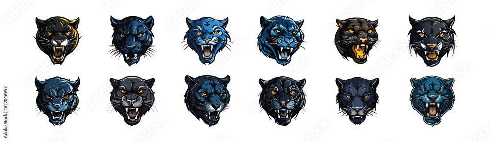 Angry Panther Mascot Set, Variations of Panther Logo mascot illustration, Vector Pack of Panther Cutout Illustration isolated on white background, Panther design T shirt print