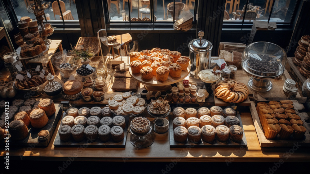 Cinematic overhead shot of a gluten - free bakery, showcasing various breads, pastries, and desserts, beautifully arranged in a bakery display, with a touch of vintage charm