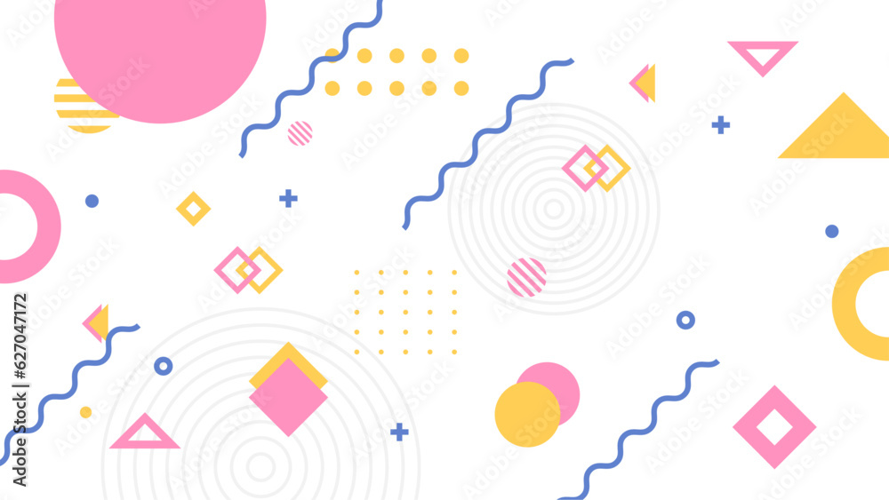 Obraz premium Memphis geometric background with abstract element shapes. Graphic minimal texture for holiday poster, card, social media. Abstract pattern with circle, halftone dots. Geometry banner. vector