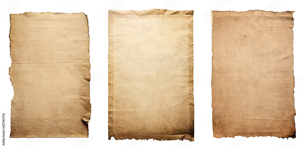 group of Old worn paper sheet isolated on transparent background