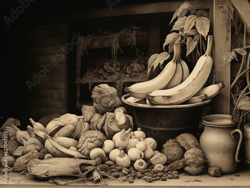 realistic detailed sketch, charcoal on paper, pile of compostable materials: banana peels, apple cores, coffee grounds, eggshells in a rustic kitchen setting