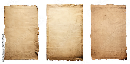 group of Old worn paper sheet isolated on transparent background