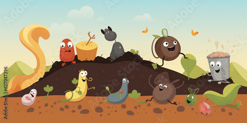 A whimsical, animated illustration of worms breaking down compost materials, cute characters, children's storybook style