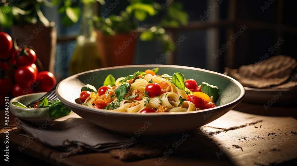 An appetizing image of a gluten - free pasta dish with fresh tomatoes, basil, and garlic, served in a ceramic bowl, shot on a rustic table setting, natural window light An appetizing image of a gluten - free pasta dish with fresh tomatoes, basil, and garlic, served in a ceramic bowl, shot on a rustic table setting, natural window light