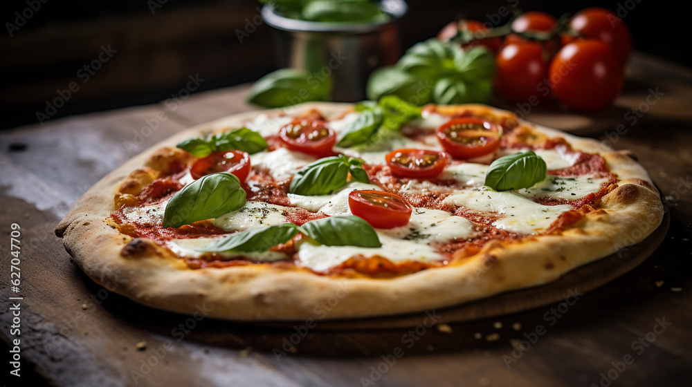 a gluten - free homemade pizza with a crispy crust, melted mozzarella, fresh basil, and cherry tomatoes, shot on a rustic wooden table, natural light