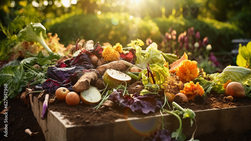 a well - maintained compost heap in the backyard during a sunny summer day, ripe fruit and vegetable scraps visible, earthy and vibrant colors