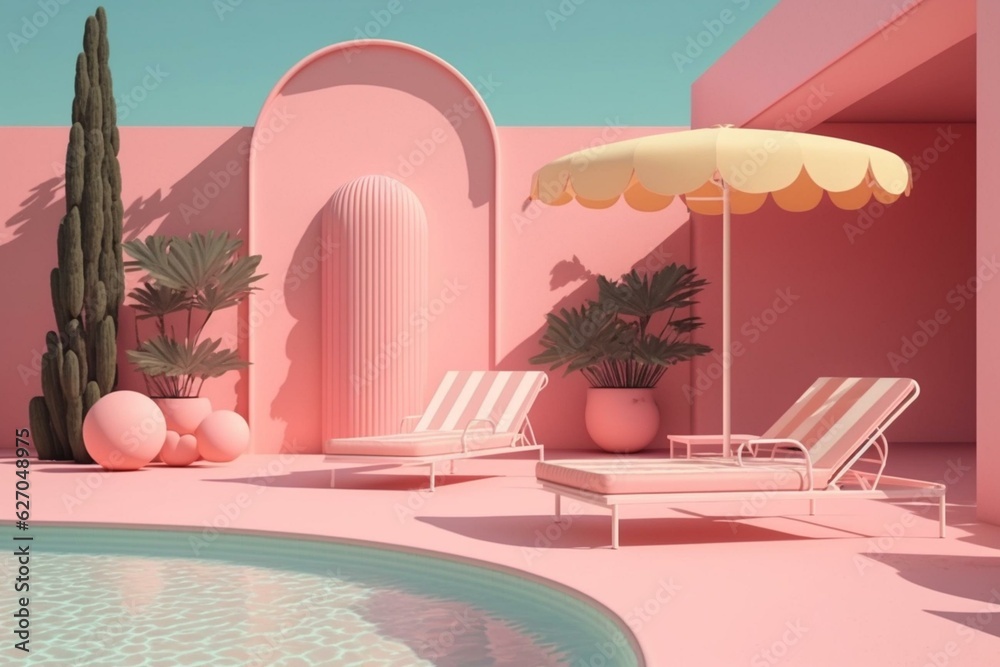 Minimalist 3D pink sunbeds by pool with surreal aesthetic. Summer vibes. Generative AI