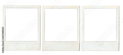 Set of old and dirty white instant photo frames. Empty frame mockup. Vintage card. Template on a transparent background