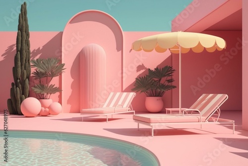 Minimalist 3D pink sunbeds by pool with surreal aesthetic. Summer vibes. Generative AI