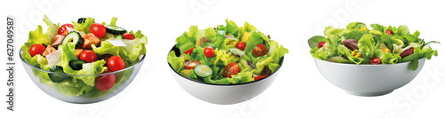 Group of Green salad with avocado, tomato, cucumber and fresh vegetables isolated on transparent background