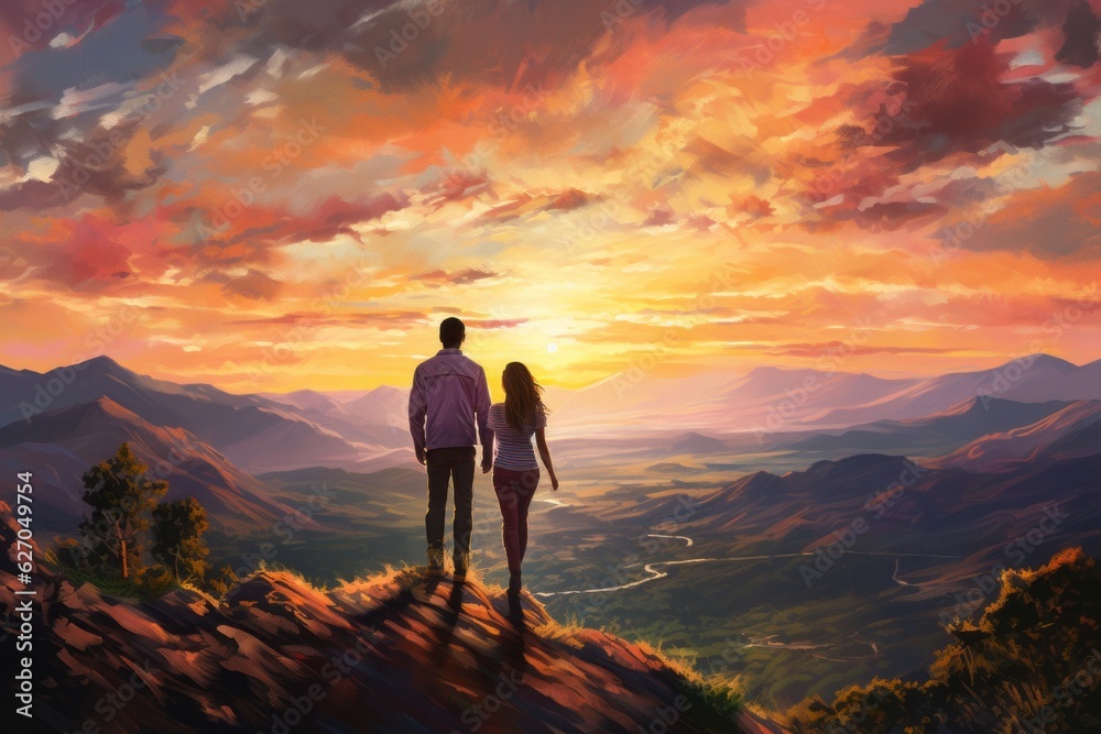 Fototapeta premium Couple looking out over the hills, Oil Painting Style