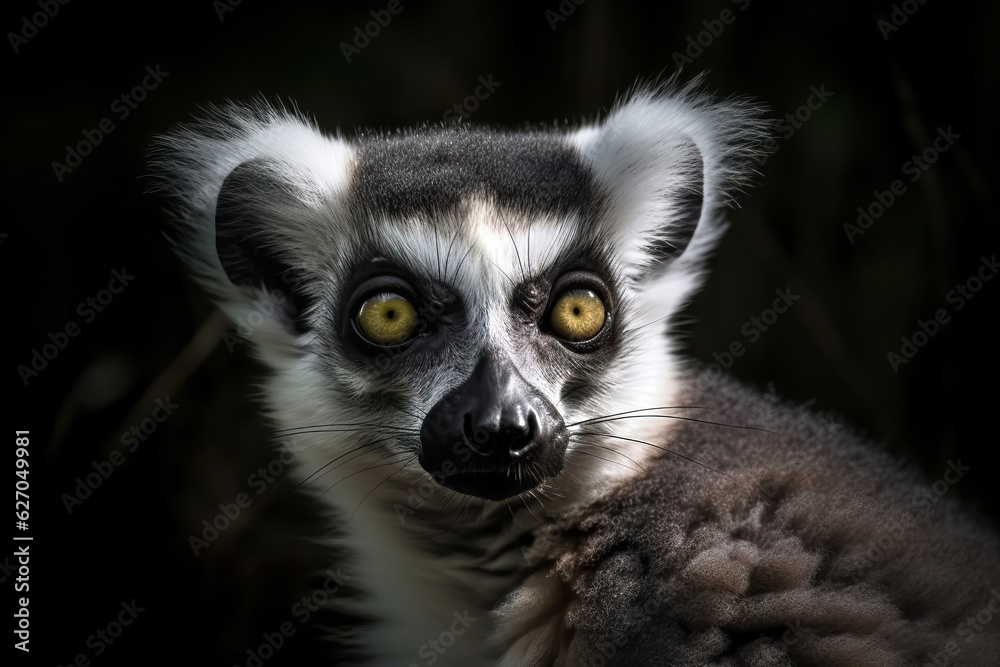 Fototapeta premium Close-up of Wild Ring-tailed lemur on black background. Amazing Wildlife. Generative Ai