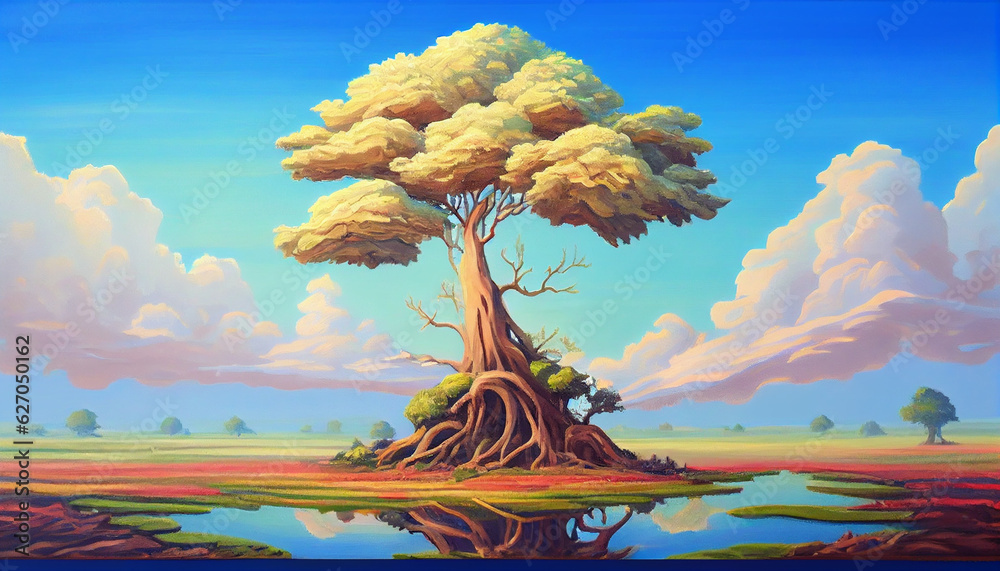 Obraz premium Generative AI landscape with tree