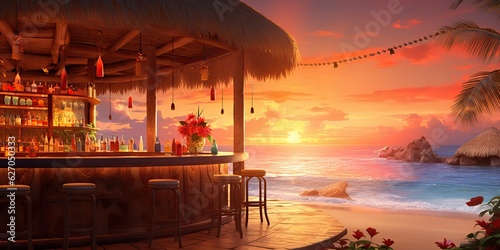 AI Generated. AI Generative. Vacation beach island sand sea ocean bar pub at sunset. Night party fun relaxing vibe. Graphic Art