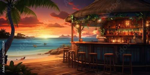 AI Generated. AI Generative. Vacation beach island sand sea ocean bar pub at sunset. Night party fun relaxing vibe. Graphic Art