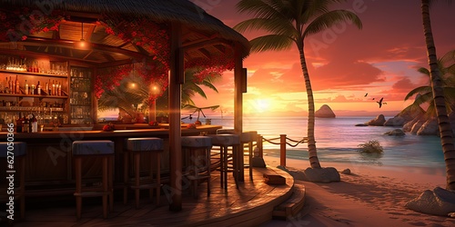 AI Generated. AI Generative. Vacation beach island sand sea ocean bar pub at sunset. Night party fun relaxing vibe. Graphic Art