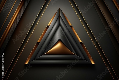 Sleek tech backdrop features an extruded triangle, backlit in orange trim. Matte black surface with raised geometric shape. 3D image. Generative AI photo