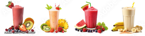 Row of healthy fresh fruit and vegetable smoothies with assorted ingredients served in glass bottles with straws isolated on transparent background photo