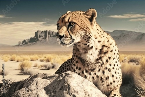 Cheetah scanning wilderness. Generative AI