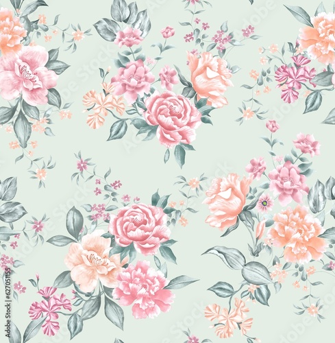 Watercolor flowers pattern, neutral tropical elements, green leaves, green background, seamless