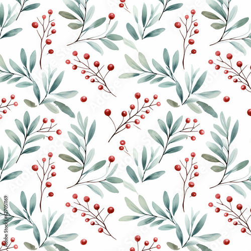Red seasonal berries watercolor christmas or autumn seamless pattern Generative AI