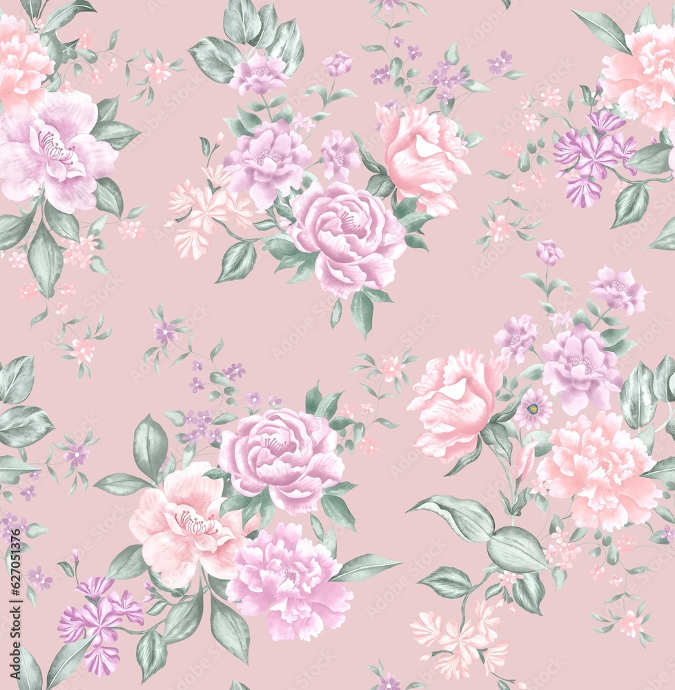 Watercolor flowers pattern, neutral tropical elements, green leaves, pink background, seamless