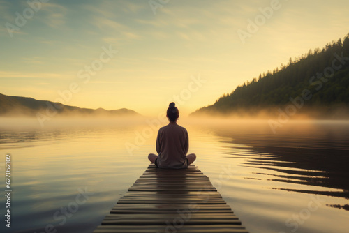 Fototapete Young woman meditating on a wooden pier on the edge of a lake to improve focus
