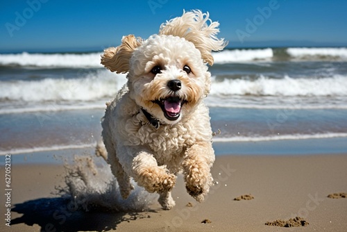 A joyful maltipoo enjoying the beach. Generative AI © Yara
