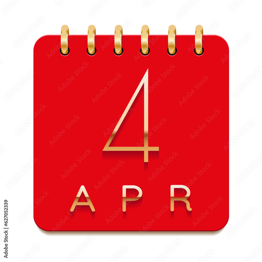 4 day of the month. April. Luxury calendar daily icon. Date day week Sunday, Monday, Tuesday, Wednesday, Thursday, Friday, Saturday. Gold text. Red paper. Vector illustration. 4 day of the month. April. Luxury calendar daily icon. Date day week Sunday, Monday, Tuesday, Wednesday, Thursday, Friday, Saturday. Gold text. Red paper. Vector illustration.