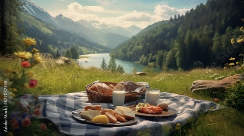 Picnic in the mountains made with Ai generative technology