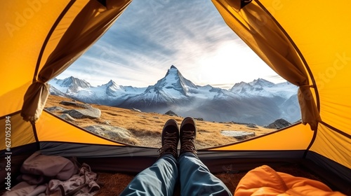Mountain view from tent made with Ai generative technology