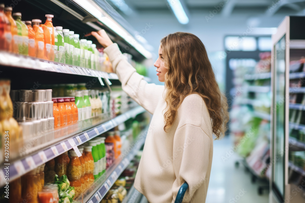 Woman in the Supermarket Carefully Evaluating Products on Shelves, Making Informed Choices for Her Shopping Cart.