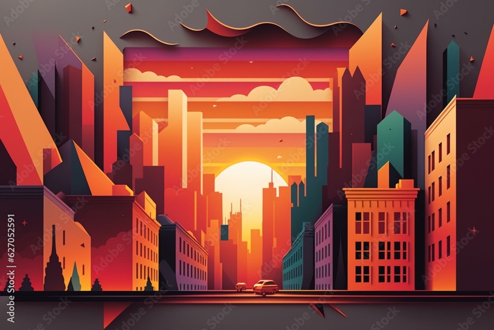 Illustration of a colorful sunrise with buildings and strips in the scene. Generative AI