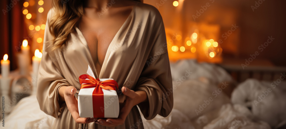 Fototapeta premium Love-Filled Surprise. Woman in a Robe Presenting a Christmas Gift with Emotion. AI Generative