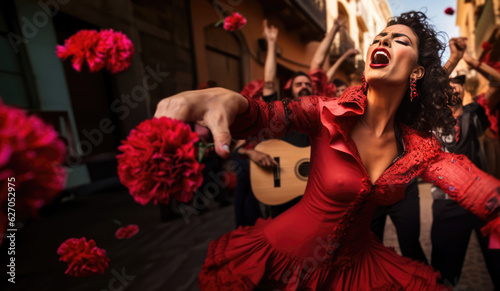 Streets of Flamenco. Sevillana Singer Embracing a Carnation with Passion, Accompanied by Guitarists. AI Generative photo