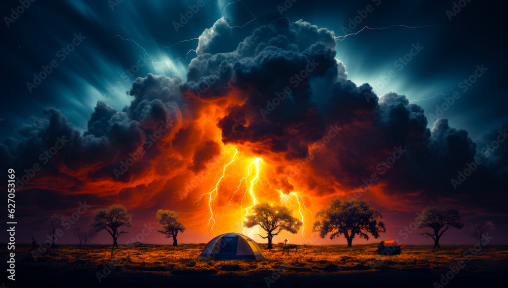 Terrible storm raging over the tent set in the nature. Dark cloudscape and lightening in the sky. Generative AI.