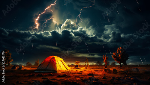 Campers rest in the tent at night. Dramatic cloudscape, lightening and rain above the camp. Generative AI.