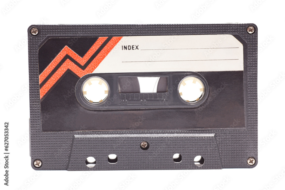 Fototapeta premium Close up of vintage audio tape cassette isolated on white background, vintage 80's music concept.