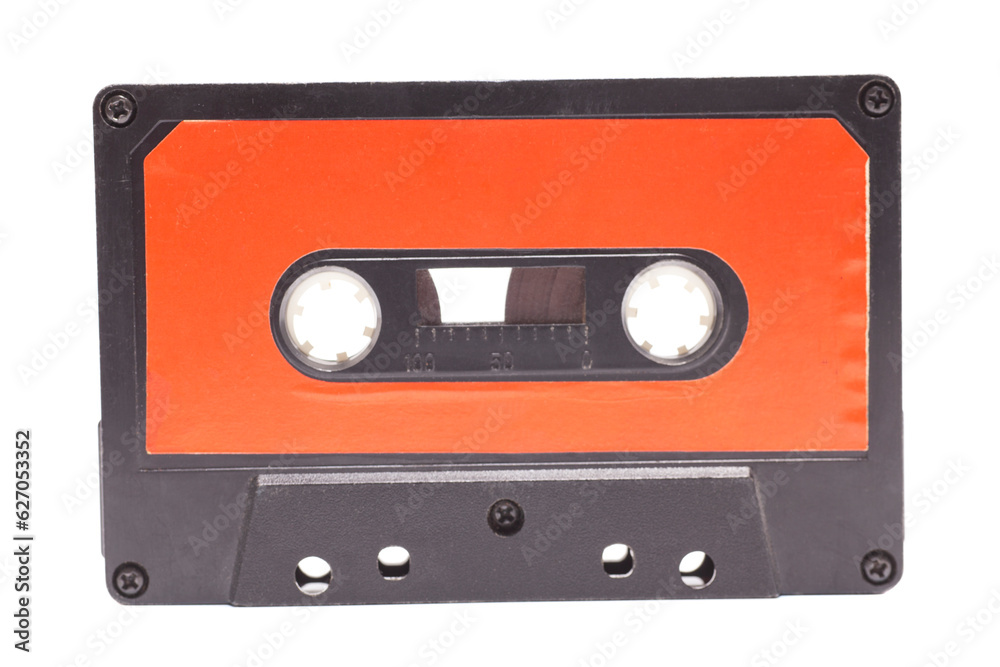 Obraz premium Close up of vintage audio tape cassette isolated on white background, vintage 80's music concept.