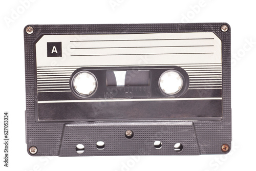 Close up of vintage audio tape cassette,side A, isolated on white background, vintage 80's music concept.