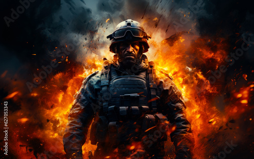 Tela Strong army man wearing bulletproof vest, helmet and goggles
