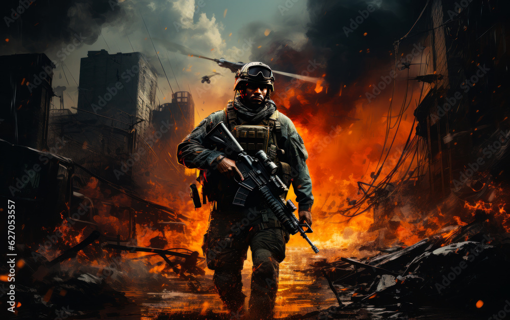 Confident military man wearing uniform and holding a gun walks by the ruined city. Fire and destruction at backdrop. War concept. Generative AI. Confident military man wearing uniform and holding a gun walks by the ruined city. Fire and destruction at backdrop. War concept. Generative AI.